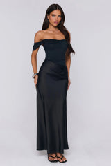 Evening Muse Off Shoulder Mesh Maxi Dress Black