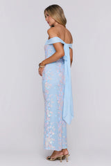 Whispered Waves Off Shoulder Sequin Mesh Maxi Dress Blue