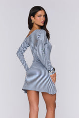 BASE Luxe Rib Off Shoulder Long Sleeve Mini Dress Blue Brown Stripe