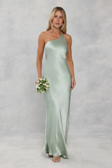 The Evangeline One Shoulder Satin Maxi Dress Sage Green
