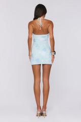 Worth The Spotlight Mesh Sequin Halter Mini Dress Blue