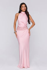 Gossip And Glitter Halter Satin Maxi Dress Blush
