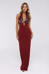 Shimmering Luxe Halter Maxi Dress Wine