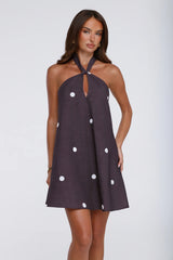 Starry Muse Polka Dot Halter Mini Dress Brown