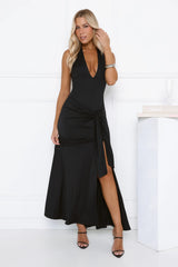 Sultry Halter Split Knit Maxi Dress Black