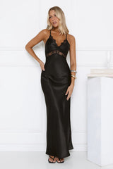 Satin Lace Crisscross Back Maxi Dress Black