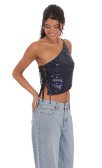 Sequin One Shoulder Tie Top in Navy