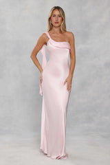 The Zafira One Shoulder Satin Maxi Dress Light Pink