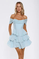 Pretty In The Sun Off Shoulder Mini Dress Blue