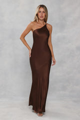 The Evangeline One Shoulder Satin Maxi Dress Chocolate Brown
