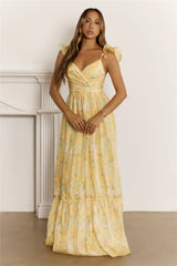 Shimmering Floral Tiered Maxi Dress Yellow