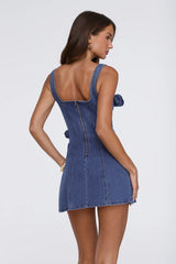 DNM Floral Applique Denim Mini Dress Mid Blue