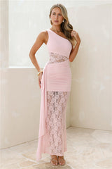 Passion Love One Shoulder Mesh Lace Maxi Dress Pink