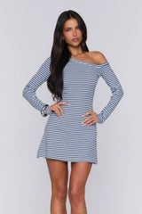 BASE Luxe Rib Off Shoulder Long Sleeve Mini Dress Blue Brown Stripe