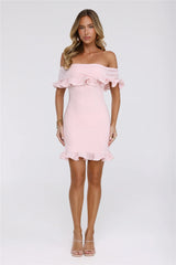 Glimmering Noir Off Shoulder Lace Mini Dress Pink