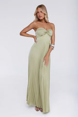 Sassy Sunshine Satin Pleated Strapless Maxi Dress Green
