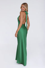 Cherry Whirl Satin Halter Maxi Dress Emerald