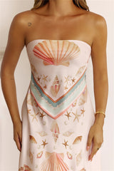 Coastal Chic Strapless Scarf Print Midi Dress Pink