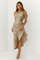 Golden Hour One Shoulder Ruched Midi Dress Gold