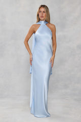 The Vivia Halter Satin Maxi Dress Light Blue