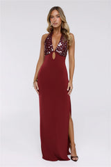 Shimmering Luxe Halter Maxi Dress Wine