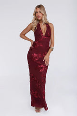 Lime Light Mesh Halter Maxi Dress Wine