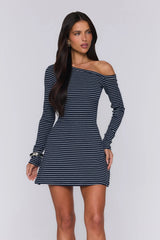 BASE Luxe Rib Off Shoulder Long Sleeve Mini Dress Navy Grey Stripe