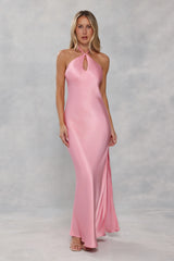 The Delilah Satin Halter Maxi Dress Candy Pink