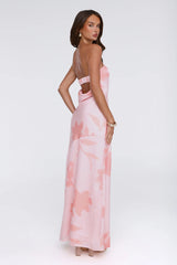 Warm Waves Strapless Satin Maxi Dress Peach Floral Print