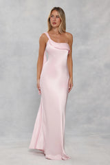 The Zafira One Shoulder Satin Maxi Dress Light Pink