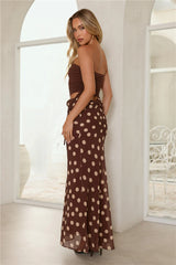 Lovergirl Energy Polka Dot Strapless Maxi Dress Brown