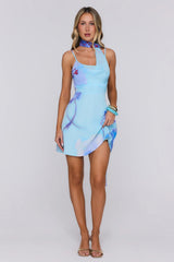 Salty Blossom Neck Wrap Mini Dress Blue