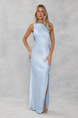 The Blaire Backless Satin Maxi Dress Light Blue