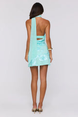 Pearl Shore Mesh Halter Mini Dress Aqua