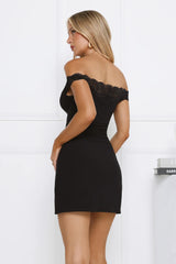 She’s That Girl Off Shoulder Lace Mesh Mini Dress Black