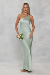 The Evangeline One Shoulder Satin Maxi Dress Sage Green