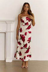 Floral Satin Strapless Folded Maxi Dress Red