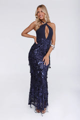 Spin For Me Sequin Halter Maxi Dress Navy