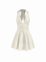 Jacquard Halter V-neck Lace Up Backless Ruffle Mini Dress