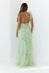 Bloom And Flow One Shoulder Tiered Maxi Dress Green