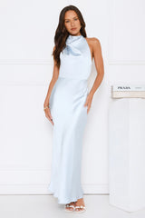 Draped In Diamonds Satin Halter Maxi Dress Blue