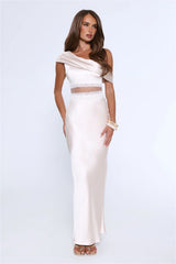 Under Candlelights Off Shoulder Satin Maxi Dress Champagne
