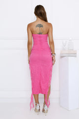 Top Tier Lace Strapless Frill Midi Dress Pink