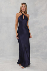 The Delilah Satin Halter Maxi Dress Navy