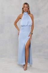 Silken Society Halter Satin Maxi Dress Blue