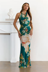 Dreamy Floral Cowl Neck Halter Maxi Dress Green