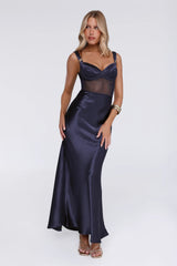 Silky Silk Satin Maxi Dress Navy