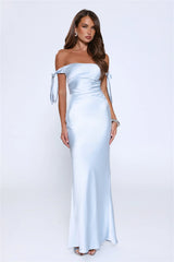 Flirty Intentions Off Shoulder Satin Maxi Dress Blue