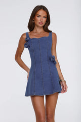 DNM Floral Applique Denim Mini Dress Mid Blue