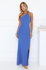 Sunlit Whimsy One Shoulder Ribbed Maxi Dress Blue